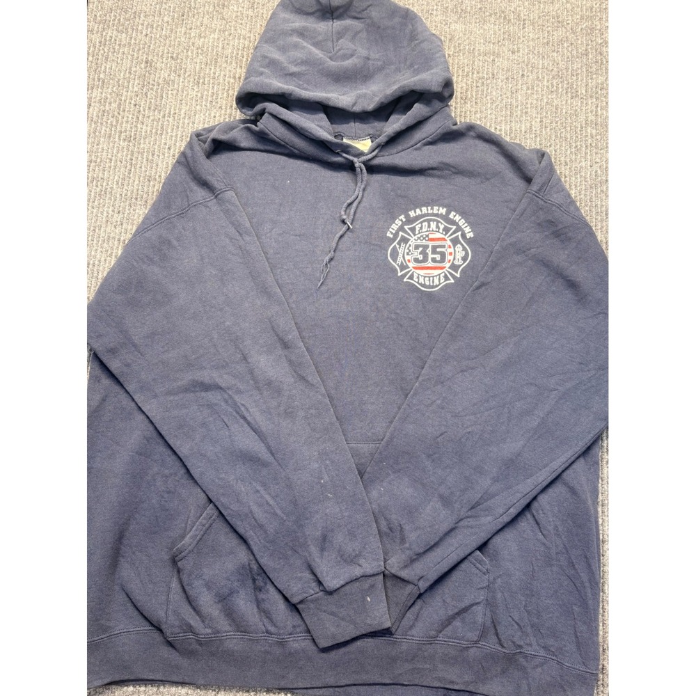 Lee Heavyweight FDNY 35 Engine Hoodie Mens XL Navy Harlem Fire Dept Pullover